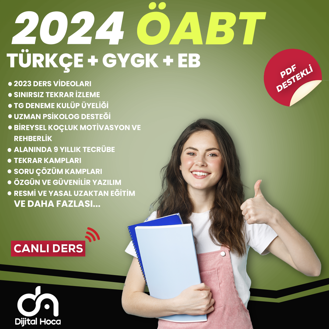 2024 Türkçe ÖABT+Eğitim Bilimleri+GYGK Erken Kayıt Canlı Ders Paketi (PDF Destekli)